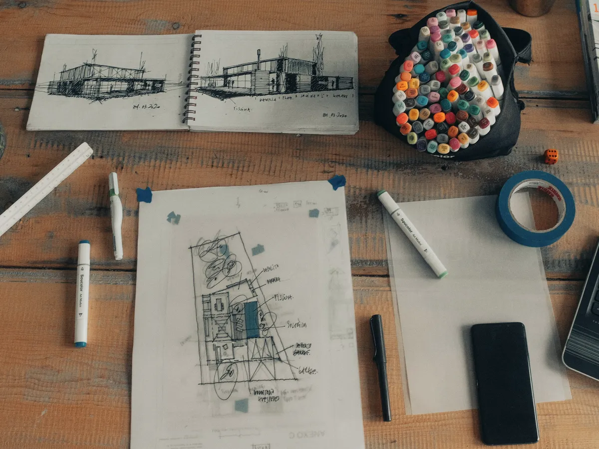 Croquis et plans d’architecte sur une table de travail