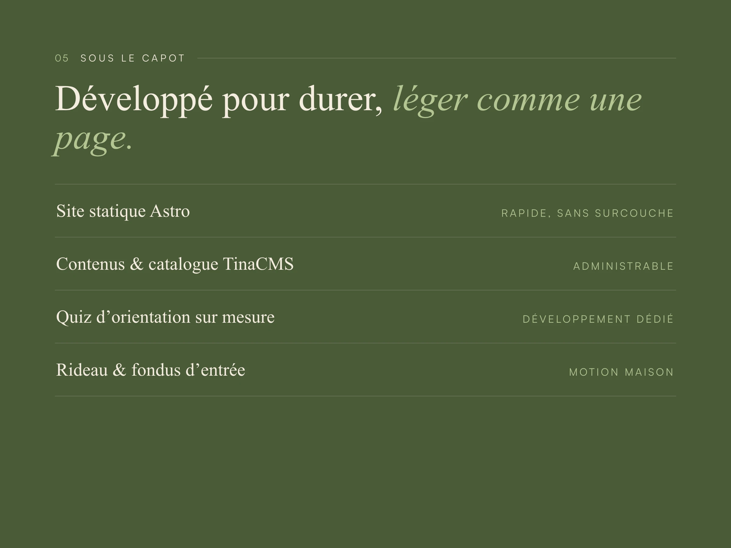 Sous le capot : Astro statique, TinaCMS, quiz sur mesure, motion maison