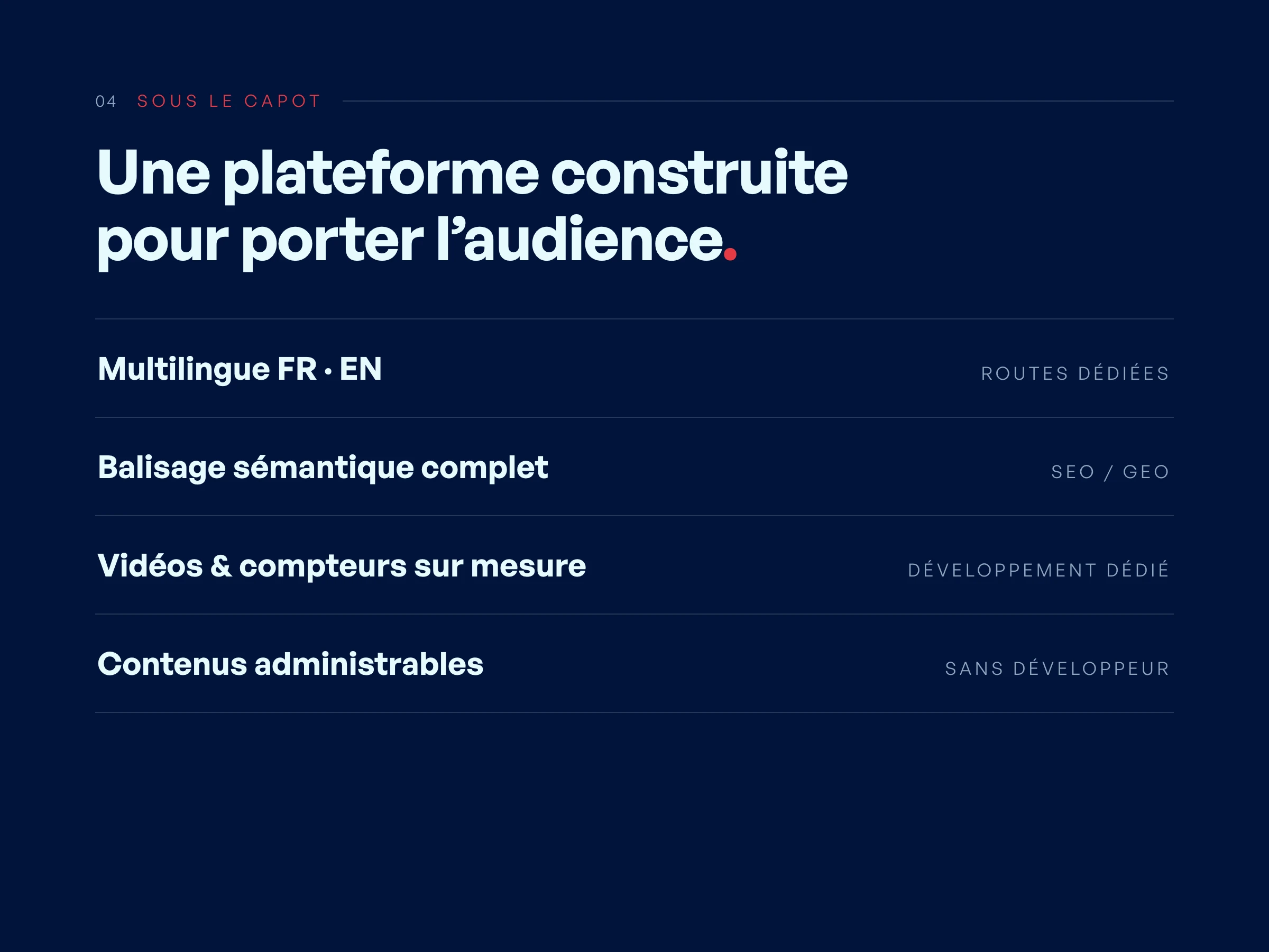 Sous le capot : multilingue, balisage SEO/GEO, développements sur mesure