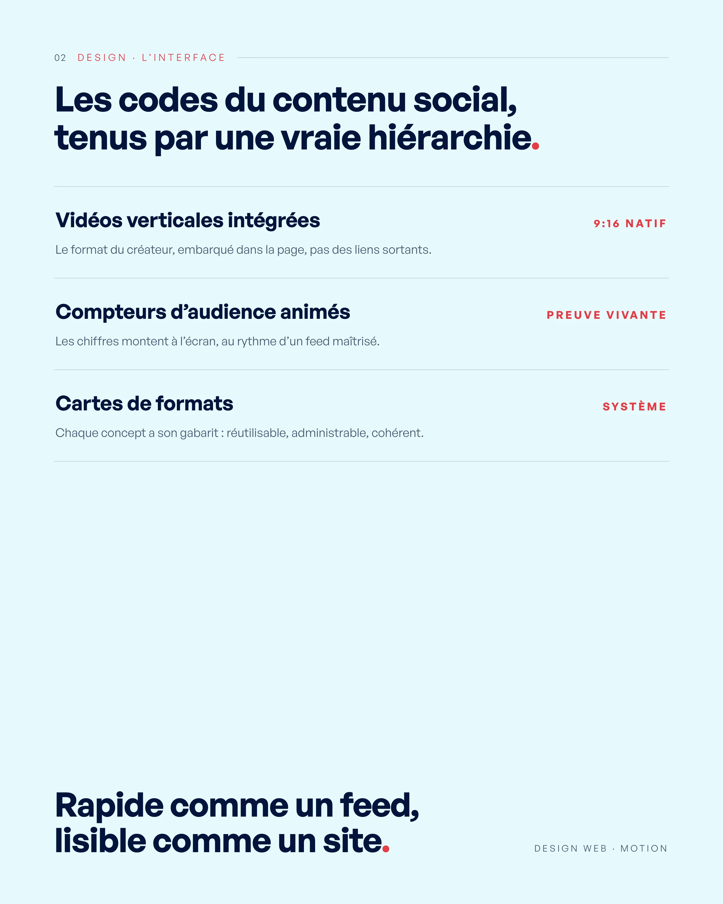 L’interface conçue façon feed : vidéos verticales, compteurs animés, cartes de formats