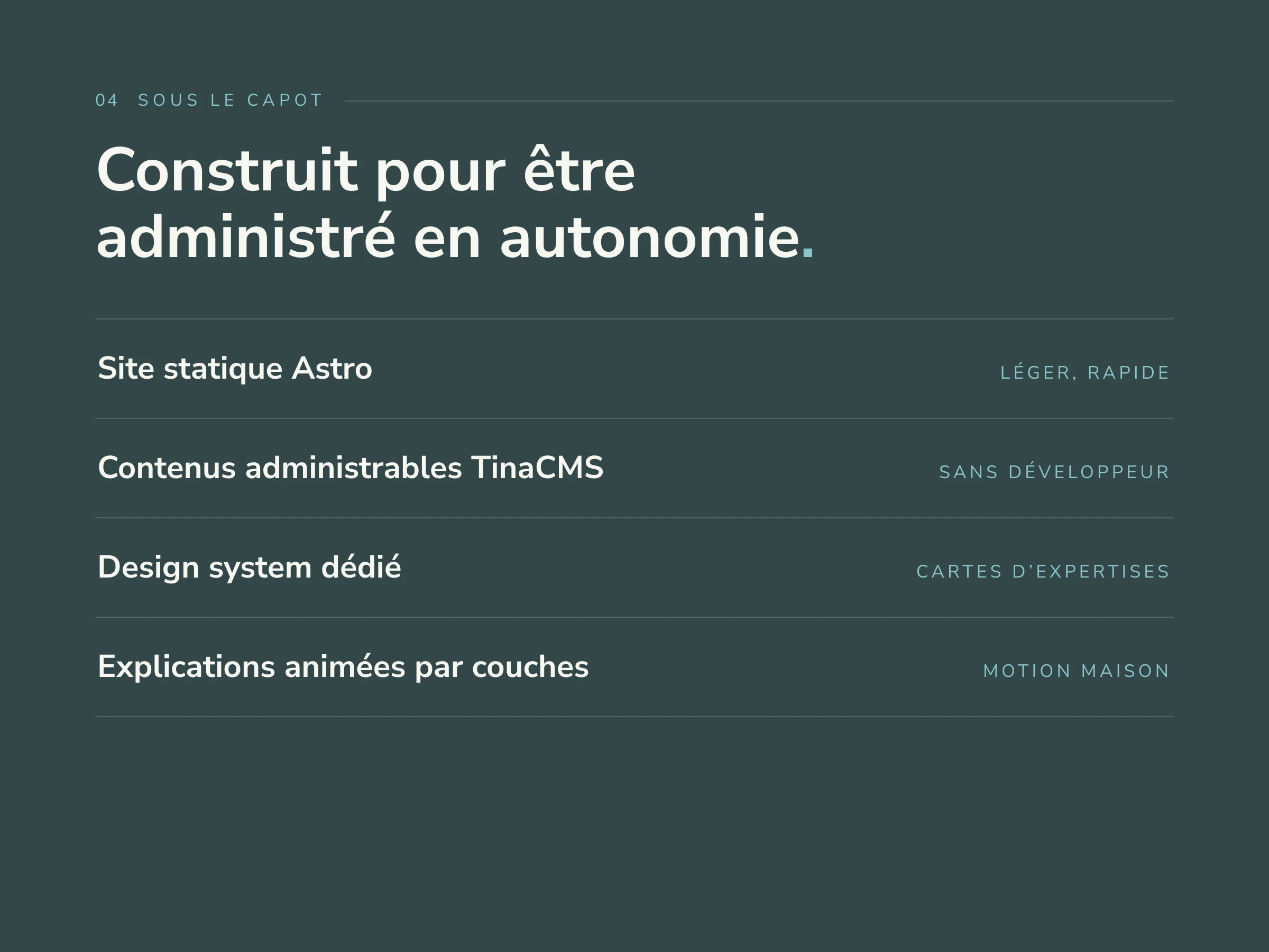 Sous le capot : Astro statique, TinaCMS, design system, motion maison