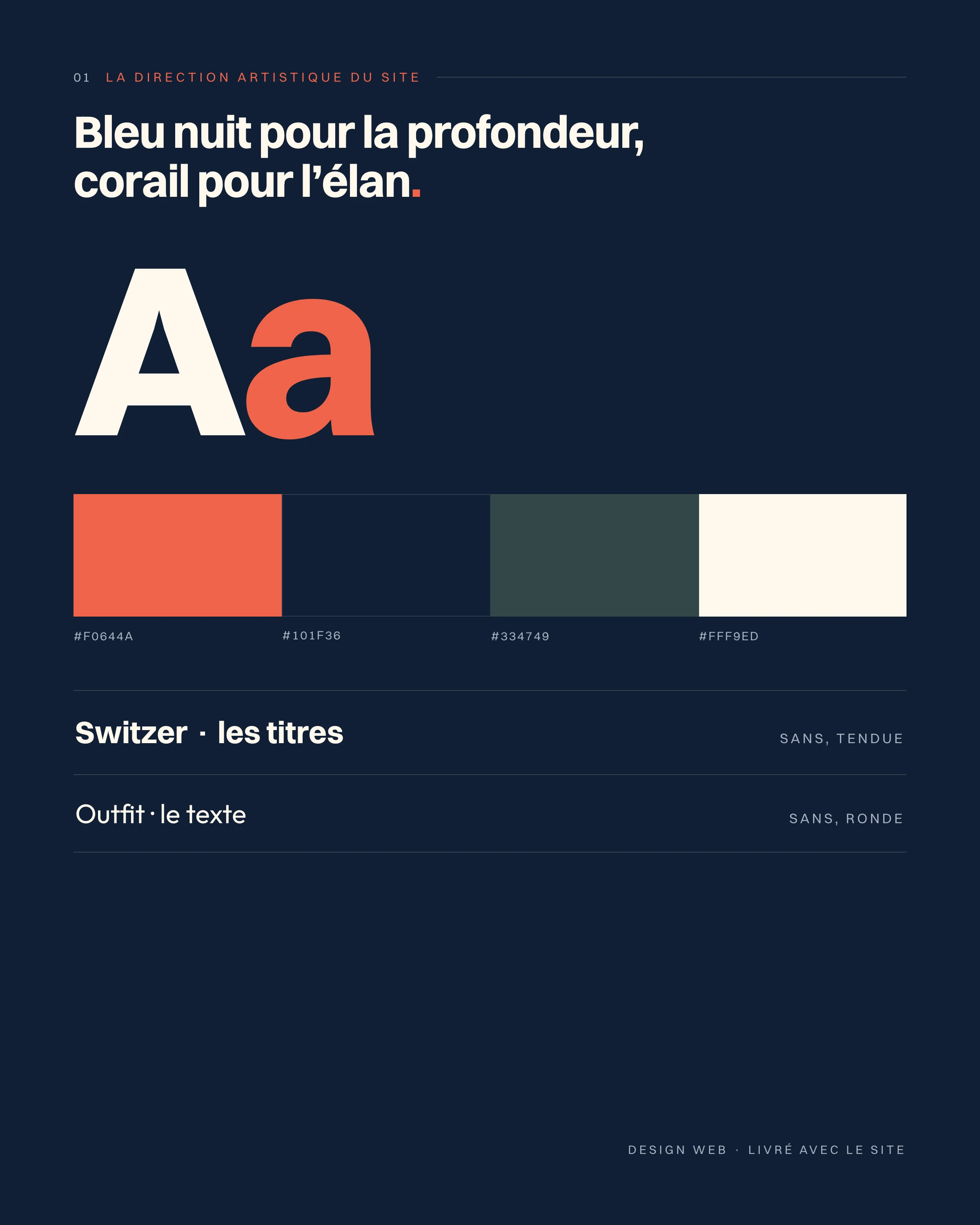 La direction artistique du site : bleu nuit, corail, Switzer et Outfit