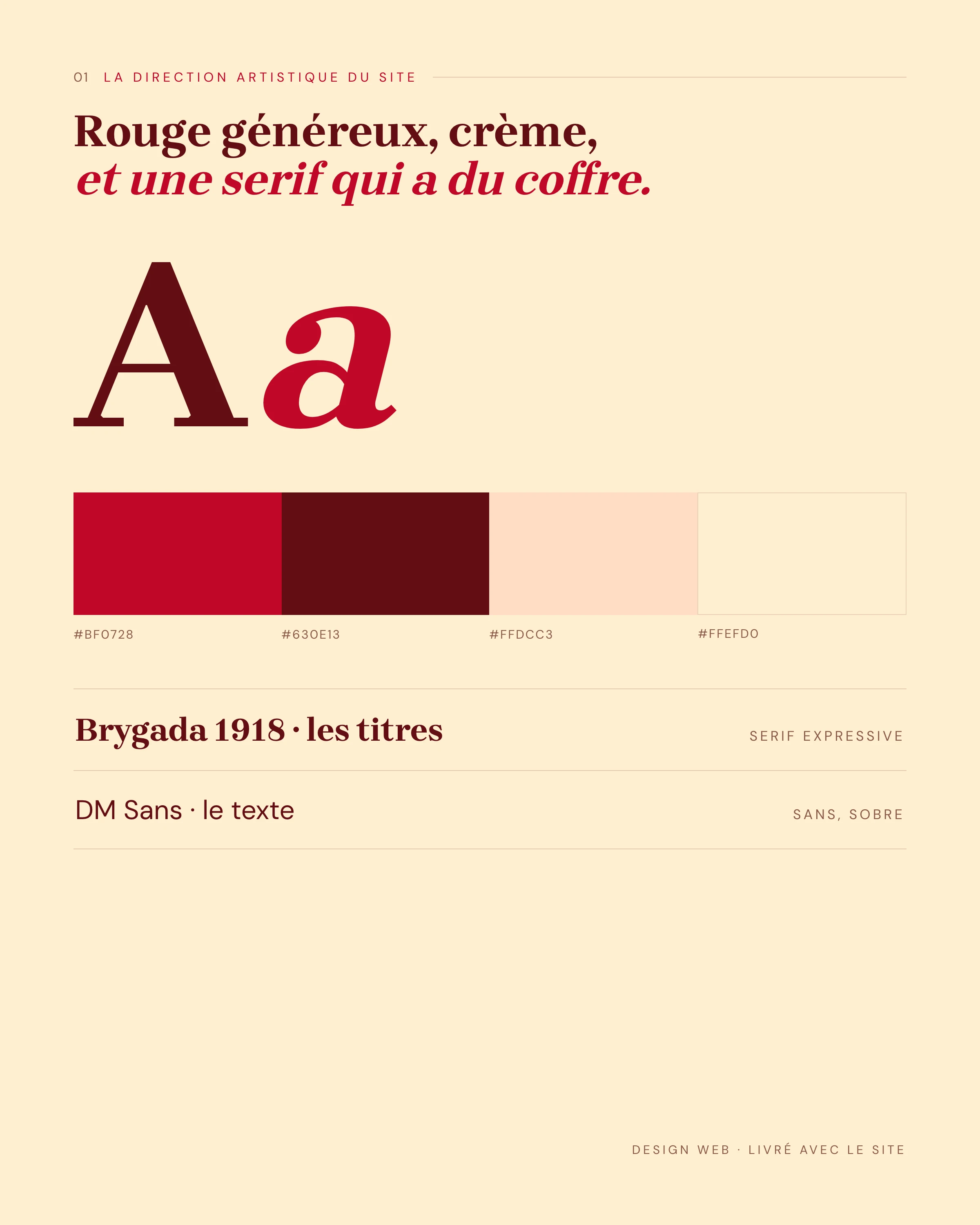 La direction artistique du site : rouge, bordeaux, crème et serif Brygada 1918