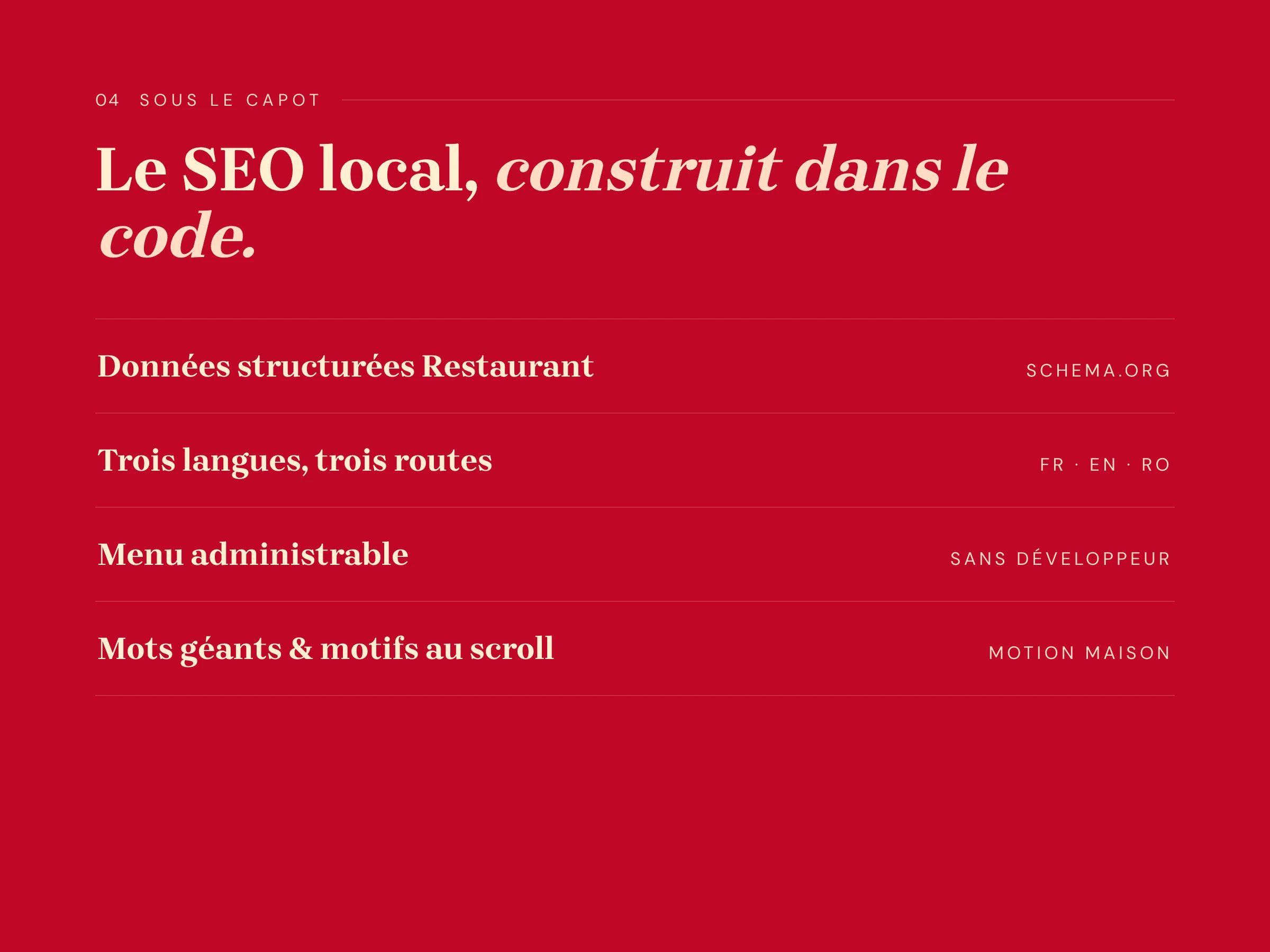 Sous le capot : données structurées Restaurant, trois langues, menu administrable