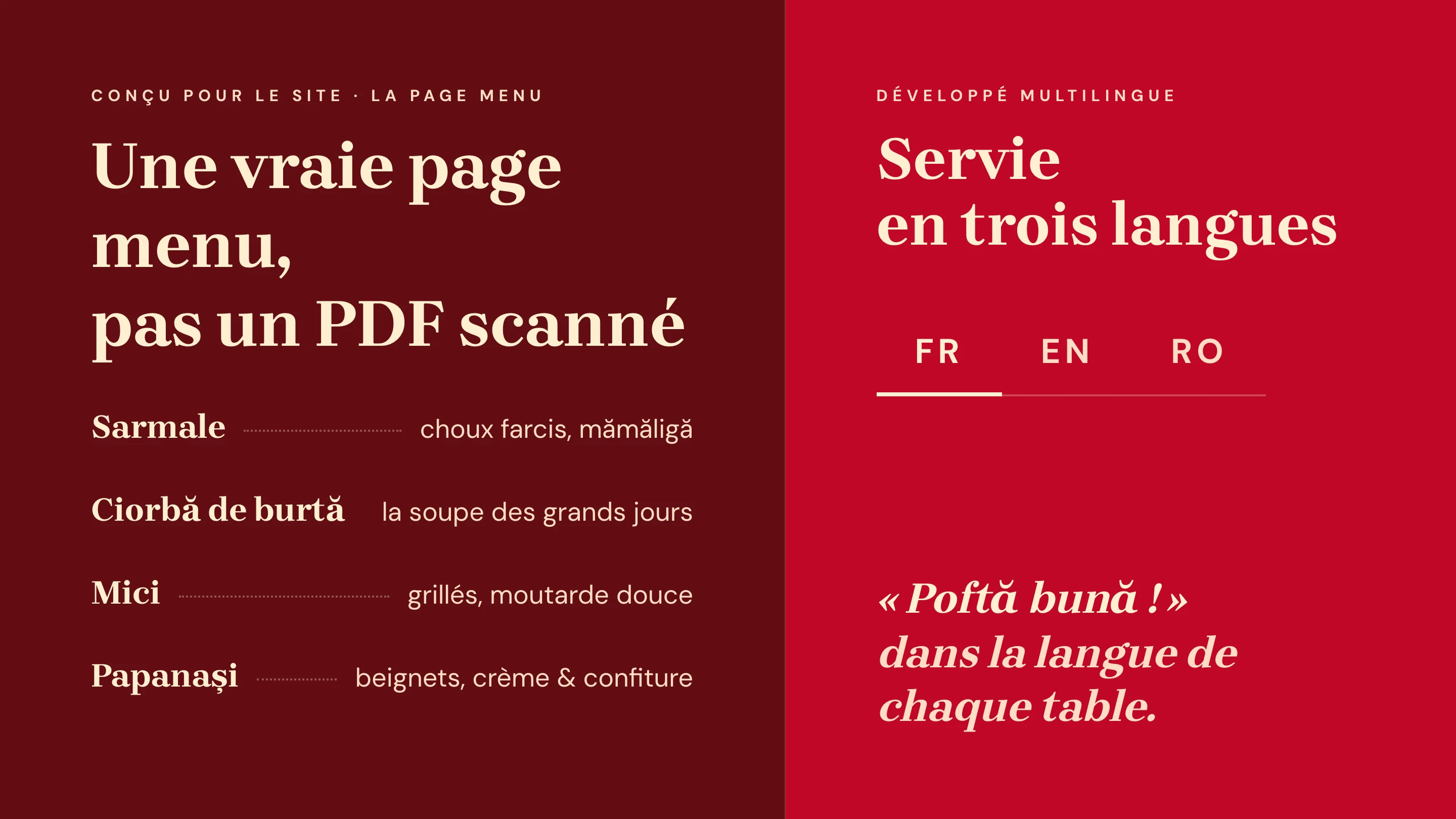 La page menu conçue pour le site, administrable en trois langues