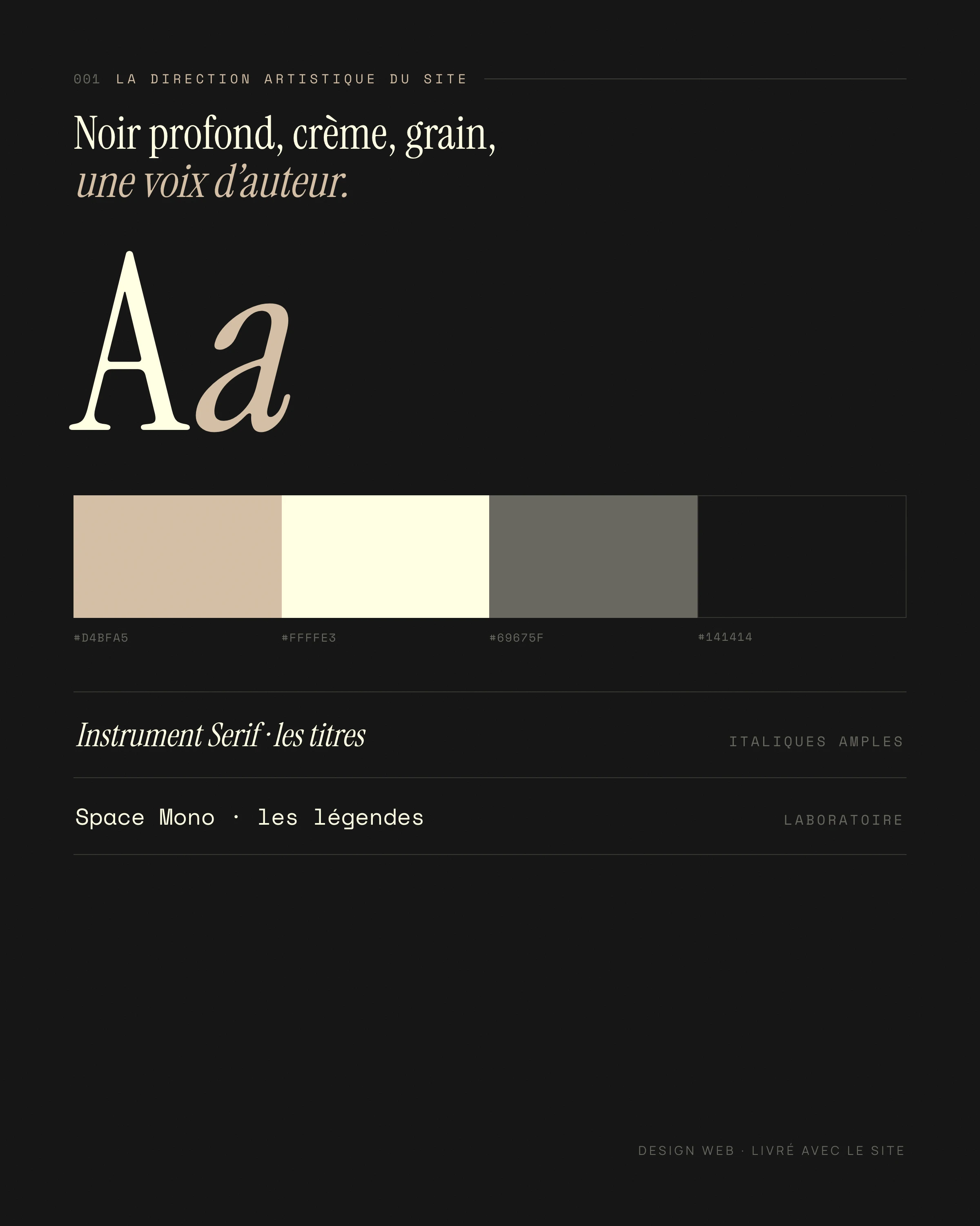 La direction artistique du site : noir profond, crème, grain, Instrument Serif