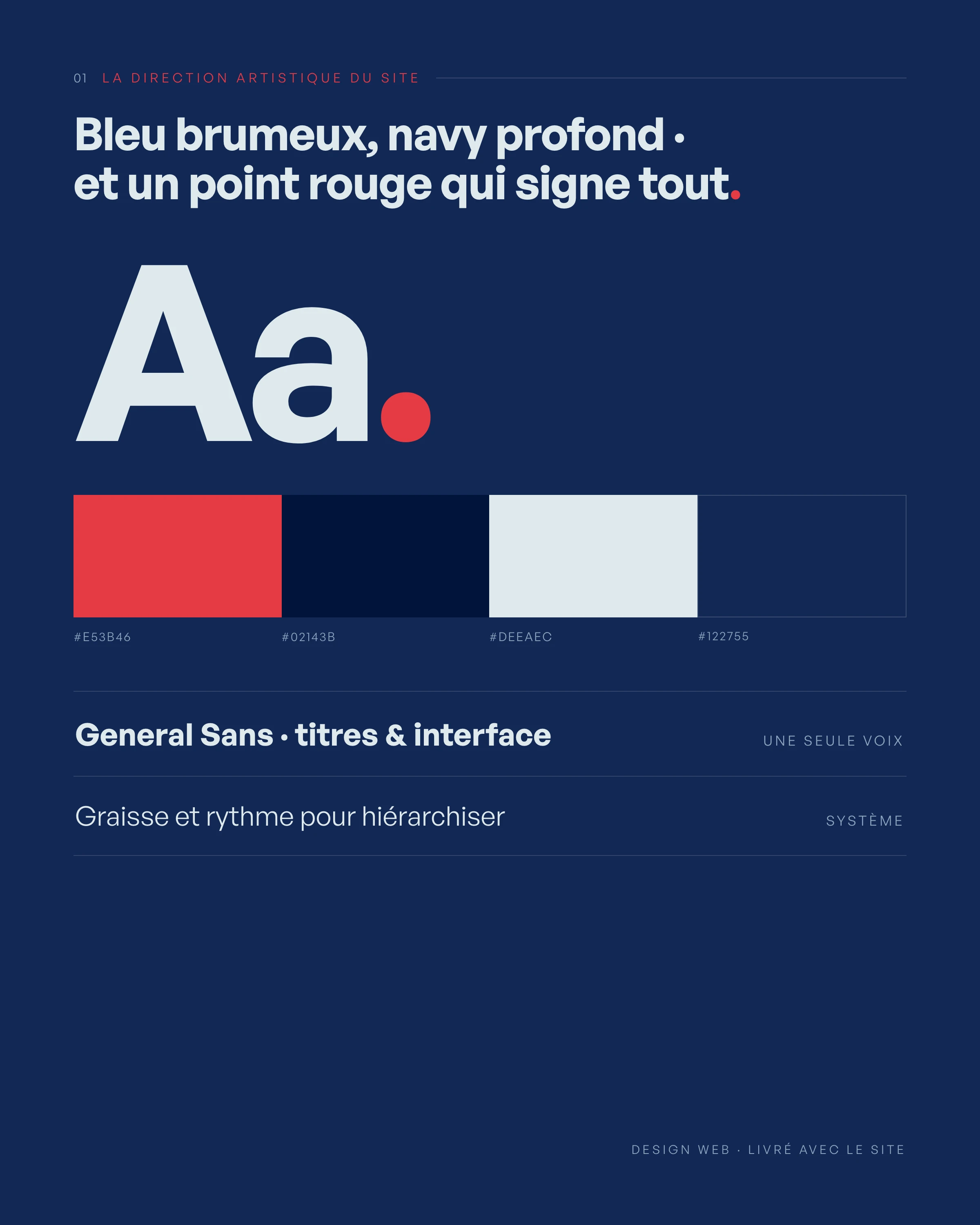 La direction artistique du site : navy, bleu brumeux et point rouge signature